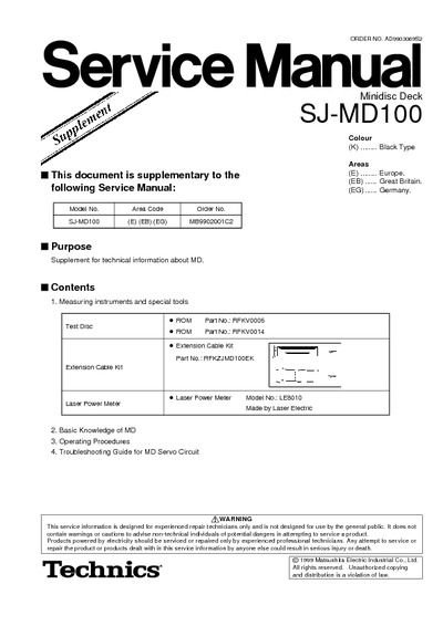 Technics SJ-MD100 Supplement