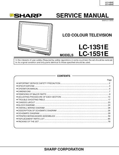 SHARP LC-13S1E, LC-15S1E - LCD COLOUR TELEVISION