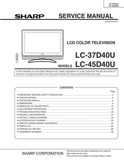 SHARP LC-37D40, 45D40U LCD TV Color