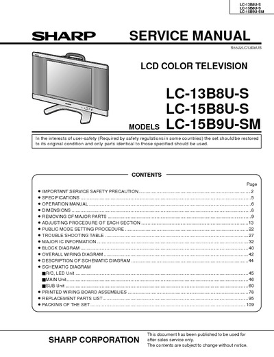 Sharp LC-13B8U-S, LC-15B8U-S, LC-15B9U-SM, - LCD