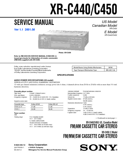 SONY XR-C440, XR-C450 , FM/AM CASSETTE CAR STEREO