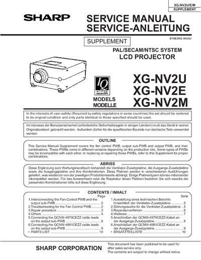 SHARP XG-NV2U, XG-NV2E LCD PROJECTOR