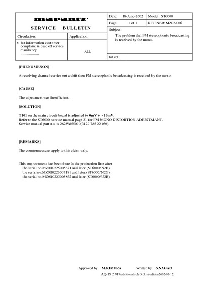 Marantz ST-6000 Service Bulletin