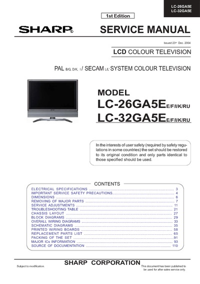 Sharp LCD Colour Television, LC-26GA5E, LC-32GA5E