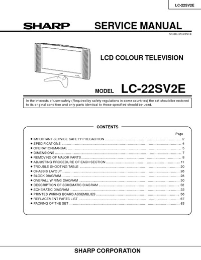 SHARP LC22SV2E LCD TV Service Manual