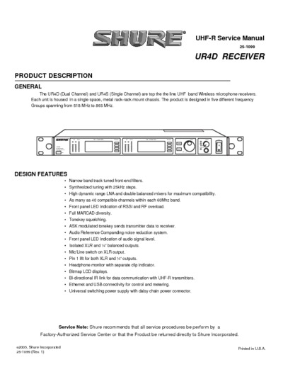 Shure UR4D Wireless Micophone Receiver Service Manual