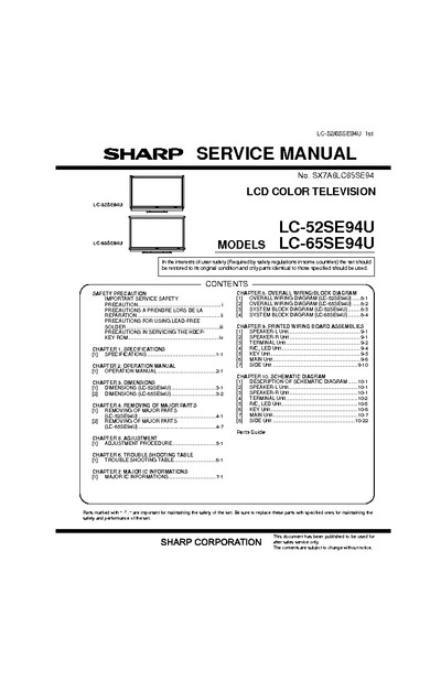 Sharp LC-52SE94U, LC-65SE94U LCD Color Television