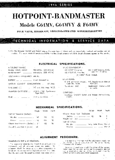 Hotpoint - Bandmaster G64MV G64MVY F64MV